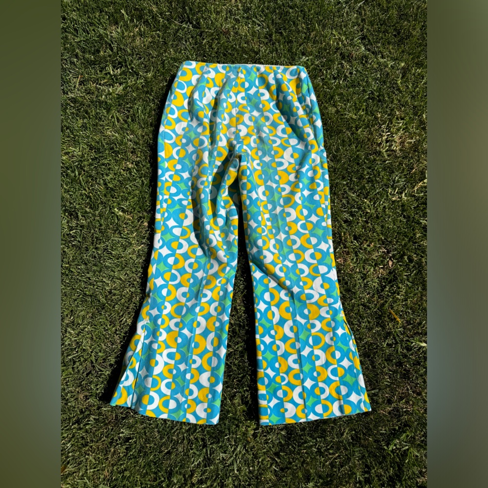 60s Vintage Green White and Blue Geometric Circle Print Kick Flares - Picture 2 of 9